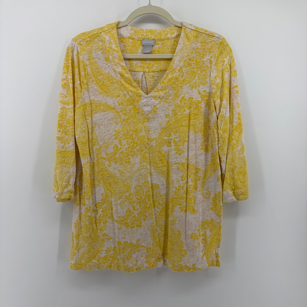 Chico's Womens Size‎ 1 Medium Yellow Linen Paisley V-Neck 3/4 Sleeve Top